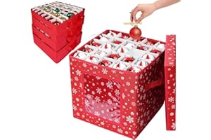 Anstore Red Christmas Storage Box with Lid, 4-Tier Bauble Storage Box with Adjustable Dividers, Snowflake Non-Woven Fabric Decoration Storage, 5-9cm Ornament Organiser with Carry Handles Bauble Box