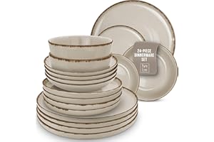 PURE LIVING INTERIOR DESIGN 24 Piece Dinner Sets for 6 People - Beautiful Country Style Stoneware Dinner Set for 6 - Dishwasher & Microwave Safe Plates and Bowls Set for 6 - Dinnerware Sets by Pure Living in Beige