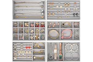 SaiXuan Zestaw 6 Tack Do Biżuterii, Tacki Na Biżuterię Sztaplowane, Organizer Na Biżuterię Do Szuflady i Toaletki, Na Pierścionki, Kolczyki, Naszyjniki, Bransoletki, Tacki Zamszowe (Szary)