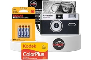 35mm Film Camera Bundle Includes Black Swiss+Go Novocolor Analogue Film Camera with Kodak ColorPlus 24 EXP Film, Kodak Max Super Alkaline AAA Batteries and Clikoze Film Photography Tips Card