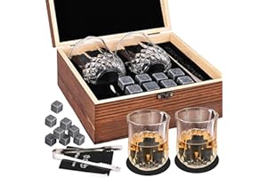 GOLDGE 14 Pezzi Whisky Stones Set di Regalo, 8 Cubetti di Ghiaccio Riutilizzabili + 2 Bicchieri da Whiskey + 2 Coaster + Pinza + Sacca, Pietre di Whisky con Cofanetto in Legno per Natale Regalo