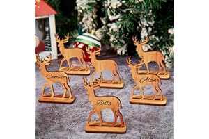 FACCITO 6 Pcs Christmas Reindeer Place Name Settings 3D Freestanding Wooden Table Place Card 3.74'' x 2.76'' Rustic Seat Card Xmas Name Table Decoration with Marker for Christmas Party Decor