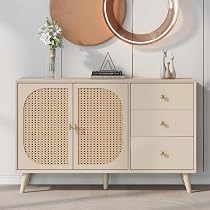 Buffet Haut Rustique Avec Portes En Verre - 94,5 X 30 X 175,5 Cm, 5 Portes, 3 Tiroirs, En MDF Blanc Et Grain De Bois | Pour Salon Ou Salle à Manger