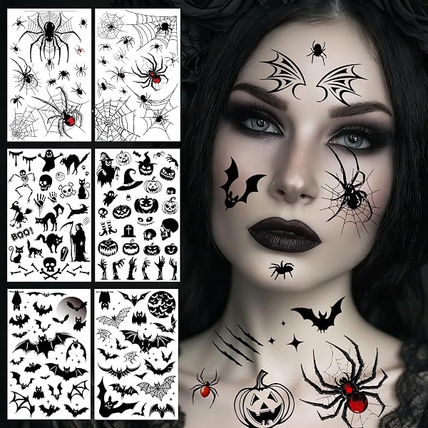 BOOMTOP Halloween Tattoos – 6 Bögen Mit Kürbis, Geister, Spinnennetz Motiven, Selbstklebend, Für Kinder & Erwachsene