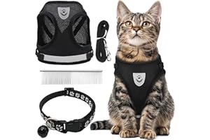 CUEMOON Katzengeschirr mit Leine Softgeschirr für Katze, Katzenleine mit Geschirr für Katzen Verstellbar Katzen Geschirr Set Cat Harness Softgeschirr für Katze (Schwarz, M)