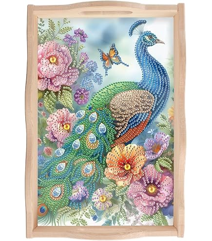 SHEGZHUC Diamond Painting Plateau De Service Rectangulaire En Bois Avec Poignées Paon 20 X 30 Cm - Décoratif Pour Cuisine Et Petit-déjeuner Au Lit
