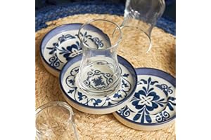 Karaca Zeher Blue Turkish Tea Glasses Set for 6 People - 6 Turkish Tea Cups with Stoneware Saucers for Afternoon Tea Party - Dishwasher-Safe, 12 Pieces Tea Set for Adults (160 ml)