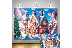 BINQOO 7x5FT Christmas Candy Town Backdrop Cartoon Gingerbread House Lollipop Xmas Tree Background Candy World Sweet Xmas Child Winter Holiday Photo Booth Banner