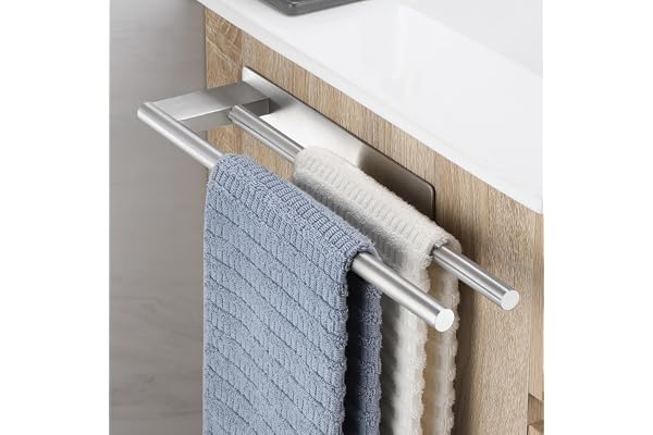 OETAMS Porte Serviette Salle De Bain sans Percage, Adhesif Double Porte Serviette Acier Inoxydable Mural, Porte Serviettes pour Salle De Bain Et Cuisine, Argent Brossé