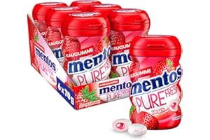 ‎MENTOS Mentos Kaugummi Pure Fresh Erdbeere, 6 Boxen zuckerfreie Chewing Gum Dragees mit Erdbeer-Geschmack & flüssiger Füllung, Multipack (6 x 35 Stück)