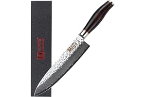 YOUSUNLONG Sunlong Couteaux de chef 8 pouces Gyuto japonais martelé Damas acier naturel ébène manche en bois
