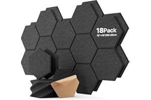 SOUNDSBAY Paneles acústicos hexagonales autoadhesivos, paquete de 18, insonorización de alta densidad para decoración de paredes y tratamiento acústico, color negro, 30 × 26 × 0,9 cm