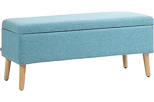 ‎HOMCOM HOMCOM Sitzbank mit Stauraum Polsterbank mit Leinenoptik, Sitztruhe mit Holzbeine, Truhenbank für Wohnzimmer Schlafzimmer Flur 110 x 39 x 45 cm, Blau