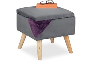 Relaxdays Taburete de Terciopelo con Sitio de Almacenaje, Acolchado, Cuadrado, Patas Madera, 40x40x40 cm, Gris Oscuro