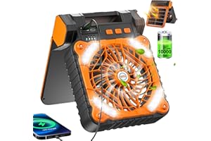 Clemas Ventilateur de camping à énergie solaire avec lumières – Ventilateur de refroidissement extérieur alimenté par batterie – 10 000 mAh 10 400 mAh – Ventilateur de tentes rechargeable pour la