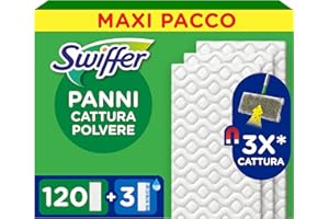 Swiffer Panni Catturapolvere, 120 Microfibre Dry e 3 Lavapavimenti, Cattura Polvere e Sporco, Ottimo per Tutti i Tipi di Pavimenti e per i Peli di Animali, Maxi Formato