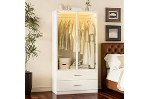 FOERPL Armario moderno blanco con luz LED y puertas de vidrio, armario con barra para colgar y 2 cajones, para dormitorio y habitación infantil (80x50x175 cm, MDF)