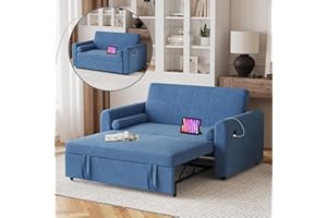 Hello-5ive 2 Seater Sofa Bed, 3 in 1 Convertible Corner Sofa Bed with USB & Type-C Ports, Pull Out Linen Double Sleeper Chair Bed with Pocket and Adjustable Backrest for Living Room, Blue