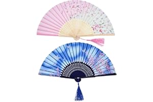 HOTOP 2 Stücke Folding Fans Hand Fans Bambus Fans mit Quaste Frauen Ausgehöhlten Bambus Hand Halten Fans für Wanddekoration, Geschenke (Blau Schmetterling und Rosa Kirschmuster)