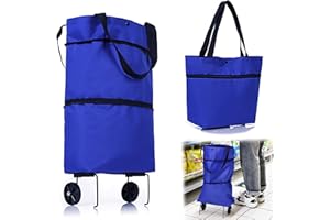INHEMING Sacs de Courses Pliable avec roulettes,Chariot de Courses Pliable, 2 en 1 Shopping Trolley pour la Maison, Le Supermarché - Bleu