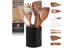 WOODENHOUSE LIFELONG QUALITY Ustensiles de Cuisine Bois et Pot de Rangement - Kit Ustensiles de Cuisine Bois 7pcs + Pot en Métal - Lot Cuillères & Spatules en Bois en Teck Robuste, Durable & Facile à Nettoyer