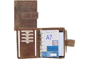 ALMADIH Carpeta de cuero A7 Calendario 2025 + Bloc de notas agenda Personal Organizador Diario documentos Cartera de conferencias Maletin Carpeta de anillas portadocumentos Cuaderno Marrón Vintage