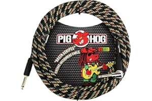 Pig Hog Vintage Serie Instrumentenkabel, Rasta Stripes, 6m/20ft, 6.35 (1/4”) auf 6.35 (1/4”), Hochwertige Qualität, Gewebt, Winkelstecker