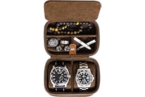 ROTHWELL Organisateur de rangement pour étui de voyage pour 2 montres, ecrins pour montres | protection portable robuste avec fermeture à glissière s'adapte à toutes les montres-bracelets (Tan/Marron)