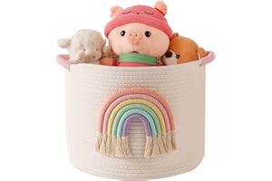 INough Toy Storage Baskets Woven Cotton Rope Storage Basket with Rainbow Decor for Kids, Blanket Baskets for Living Room/Nursery, Toys Organizer Rainbow Baby Gifts Basket Girls Toy Basket with Handle