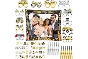 HOWAF New Years Eve Decorations 2026 Photo Props Inflatable Selfie Frame, Happy New Year Glasses 2026 Glasses, Tattoos, Party Blowers for NYE Party Decorations, Black Gold