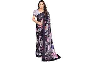 ETHNICMODE Indian Saree For Women Printed Georgette Light Weight Jari Party Wear Black Sari With Unstitched Grey Blouse Piece-1122