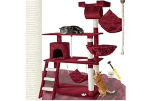 tectake® Tiragraffi per Gatti, Multifunzionale, Tiragraffi Gatto con Amaca, Albero per Gatti con Piattaforme Elevate e Colonne in Sisal, Albero Gatti Ideale per Gioco e Relax - Rosso Vino