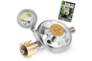 BFG Regulador de presión de Gas 50 mbar con manómetro (indicador de llenado) y válvula de Seguridad. Reductor de presión (1,5 kg/h) para Botellas de Gas de 11 kg, barbacoas, Camping e Interiores