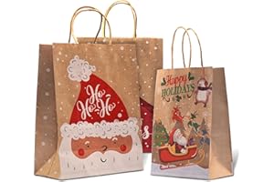 BONNY*D 12 Sacchetti Natalizi Per Regali (4 Large, 8 Small), Sacchetti Regalo Natale (12 Diverse Fantasie), Sacchetti Regalo, Buste Regalo con Manici Robusti, Sacchetti Natale Ecologici in Carta Kraft Premium