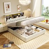 CJHXE Double Bed 16x200cm with Hydraulic Storage, Upholstered Queen Size Bed with LED Lights, Type-C Port and Headboard, Doub