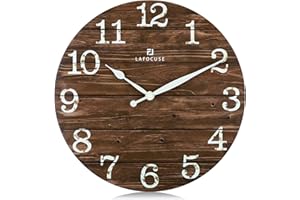 Lafocuse Cichy drewniany brązowy zegar ścienny wiejski rustykalny zasilany bateriami, shabby chic, postarzany zegar kuchenny, dekoracyjny do salonu, sypialni, biura, wersja 2.0