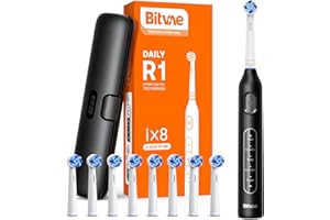 Bitvae Spazzolino elettrico rotante con 8 testine per adulti e bambini, custodia da viaggio, durata della batteria di 60 giorni, Nero