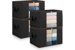 unycos - Cajas para Almacenaje de Ropa x 4【90L】 Bolsas Plegables con Ventana Transparente, Doble Cremallera y Asas Reforzadas, Organizador de Toallas, Edredones, Juguetes | Hasta 13 kg (Black/Coffee)