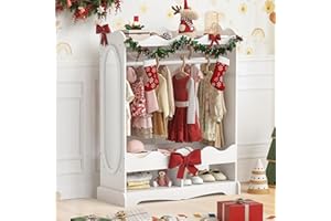 LUE BONA Kinderkleiderschrank, Kindergarderobe mit Spiegel und Kleiderstange, Kinder Kleiderschrank aus Holz mit 3 Haken, Kleiderschrank Kinderzimmer mit Ablage, für Kinderzimmer, 85x108x34 cm, Weiß