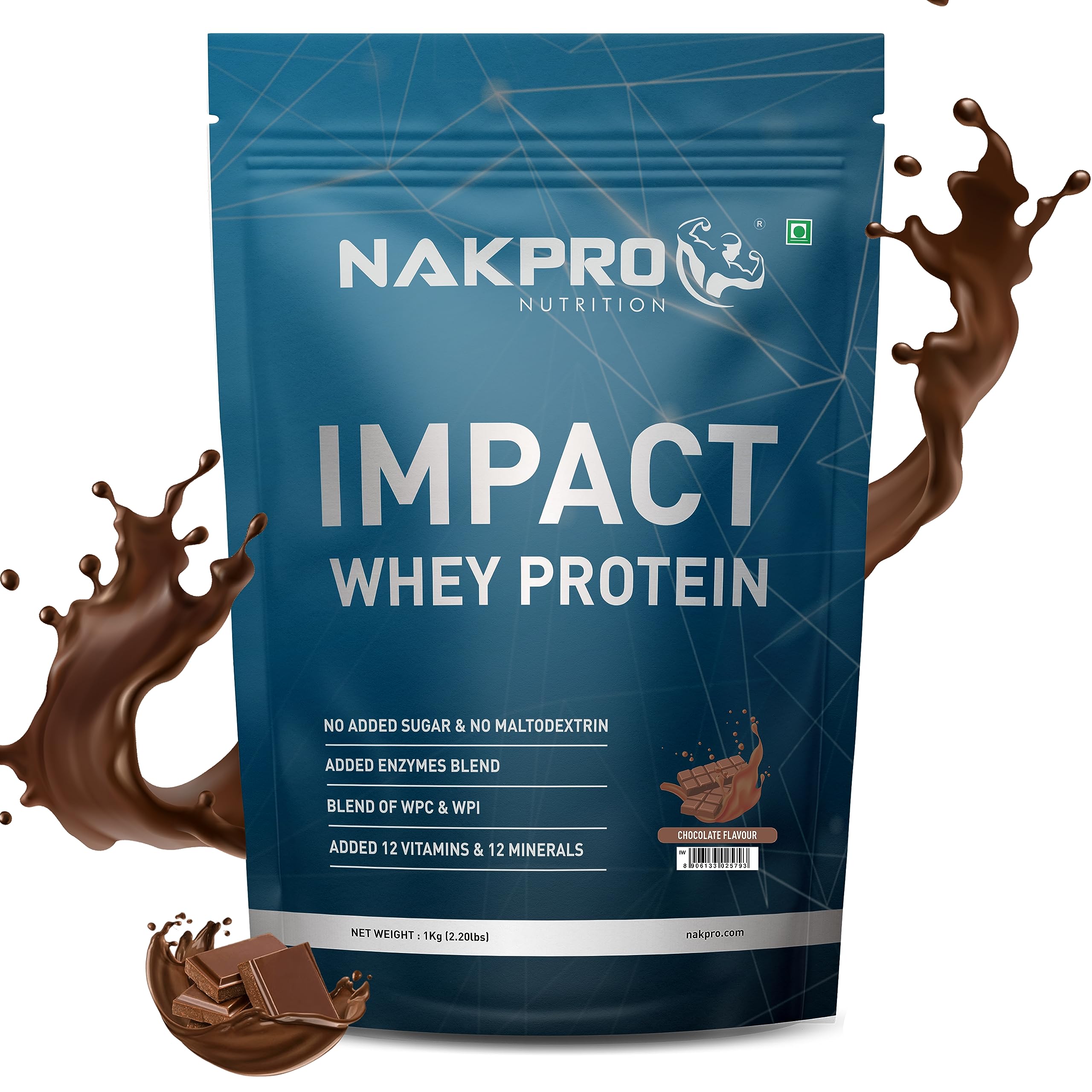 NAKPRO Impact Whey Protein 1kg | Isolate & Concentrate | 24g Protein & 4.9g BCAA | With Digestive Enzymes for better Absorpti