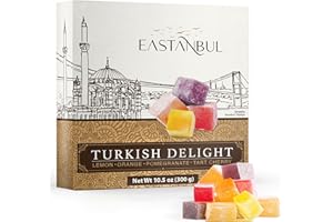 Eastanbul Turkish Delight, 300g, Turkish Delights Candy, 4 Flavors Pomegranate, Orange, Tart Cherry, Lemon, International Candy, Lokum, Plain, Gluten Free, No Synthetic Ingredient, Vegan Gift