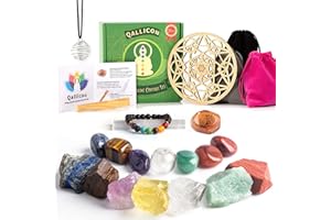 QALLICON Healing Crystals Set Gemstones Gifts Beginners Chakra Crystals Spiritual Gifts for Women Men with 7 Raw Chakra Stones 7 Tumbled Gemstones Palo Santo Lava Bracelet, Arrive Beautifully Gift Boxed