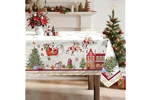 Arquiel Père Noël Nappe De NoëL, Nappe De Table Hiver Traîneau Cadeaux Rouge Rectangulaire Antitache Imperméable Lavable pour Cuisine FêTe Vacances DéCoration D'IntéRieur(152x304cm)