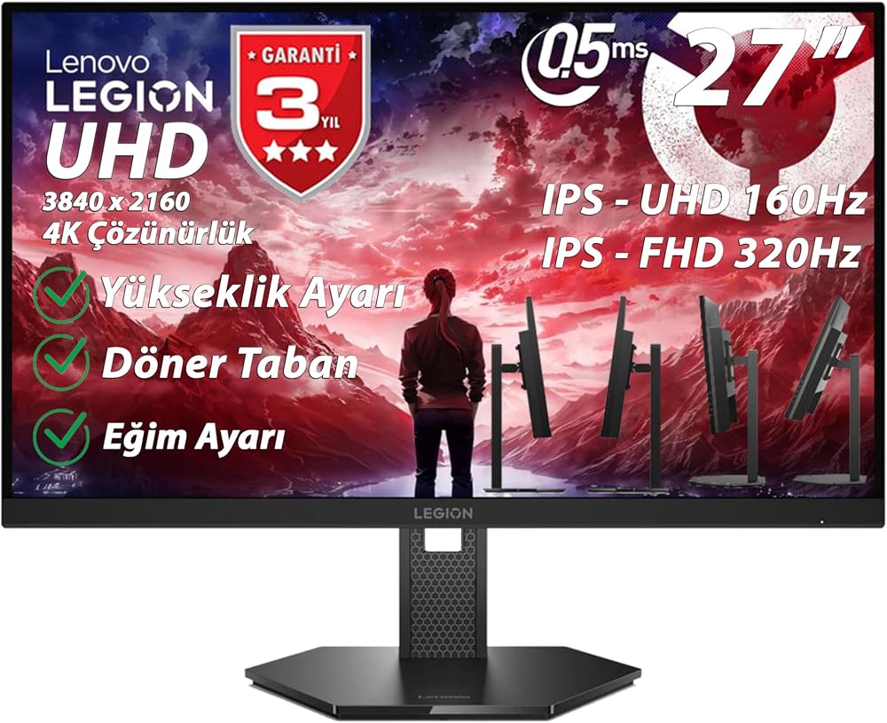 Lenovo Legion 27U-10 67D1GAC1TK 27" 0.5 ms 4K 160 Hz - Full HD 320 Hz Pivot IPS Oyuncu Monitörü