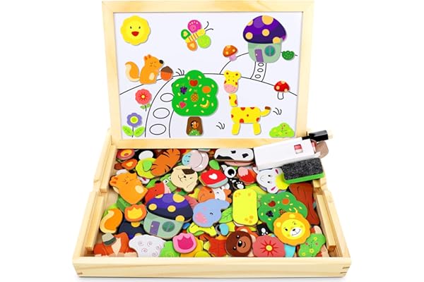 Jojoin Puzzles en Bois Magnétique, 110 Pièces Animaux Jigsaw avec Tableau Noir de Chevalet à Double Face Jouets Educatif, Jouets Montessori Educatif pour Enfants Fille 3+ Ans