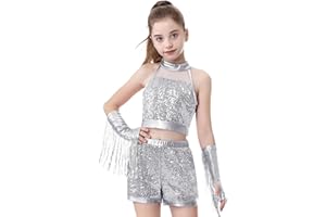 LOLANTA Dziewczęcy kostium na studniówkę z cekinami, błyszcząca sukienka do tańca hip-hopowego, odzież do tańca ulicznego dla dzieci z topem i szortami bez rękawów