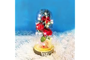 Resszo Rose Eternelle, Fleurs Artificielles sous Cloche, La Belle et la Bête Rose en Verre avec Lumières LED Pine Base pour Fête des Mères Saint Valentin Décorations Anniversaire Mariage Maison