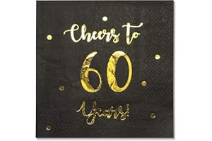 HAPPY PALACE Cheers to 60 Years Cocktail Napkins | Happy 60th Birthday Decorations for Men and Women and Wedding Anniversary Party Decorations | 50-Pack 3-Ply Napkins | 5 x 5 inch folded (Black)