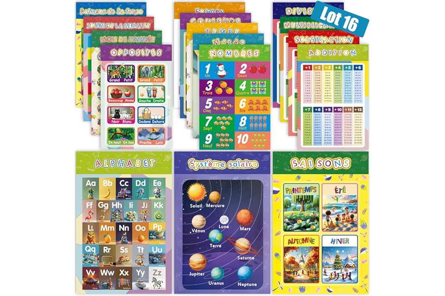Lot de 16 Posters Alphabet Enfant 42x28 cm –Affiches Éducatives Français :Apprentissage complet : Alphabet,Chiffres,Calcul,Couleurs,Formes,Saisons,Temps,Univers –Décoration Murale pour Chambre