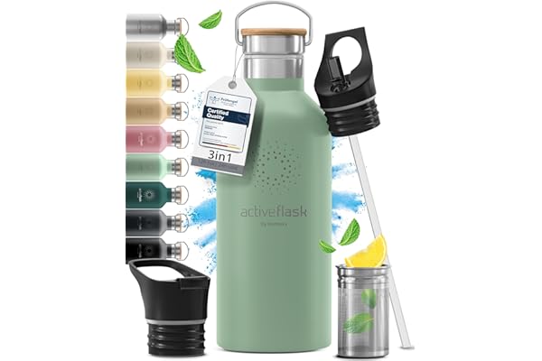 Gourde Inox Isotherme ACTIVE FLASK 1l/500ml sans BPA + Paille (3 Bouchons) | Bouteille d’eau Acier Inoxydable Isolée, Thermos Réutilisable | Camping Velo Sport Running Randonnée Enfant, Café The